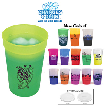 Sixteen color changing stadium cups printed with logo on front